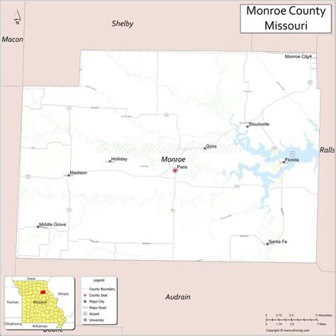 Map of Monroe County, Missouri showing cities, highways & important ...