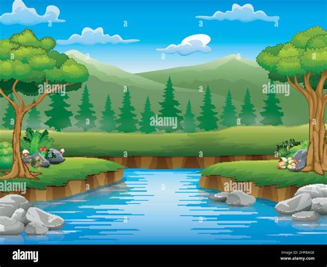 Cartoon of river in the forest and silhouettes background Stock Vector ...