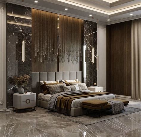 Elegant taupe grey and gold modern bedroom decor with channel tufted ...