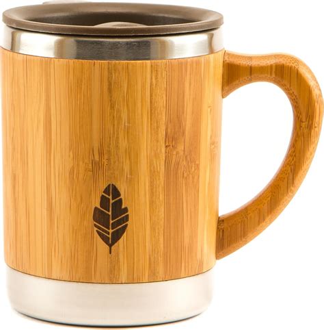 MyHomeIdeas Stainless Steel Bamboo Mug with Lid and Handle - Natural ...