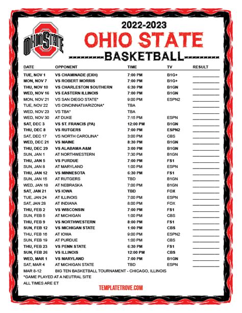 Printable 2022-2023 Ohio State Buckeyes Basketball Schedule