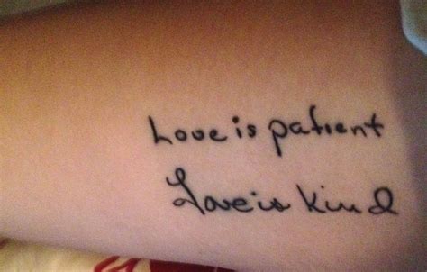 a woman's arm with the words love is patient written in cursive font