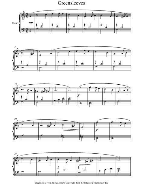 Greensleeves sheet music for Piano - 8notes.com Accordion Sheet Music ...