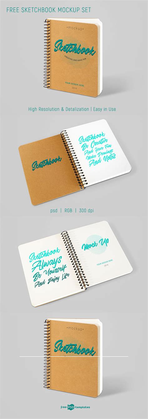 3 Spiral-Bound Sketchbook Mockups at the 3/4 Angle View Free Download ...