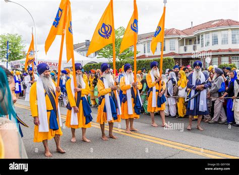 Vaisakhi celebration Sikh Khalsa flag bearers, Surrey, British Stock ...