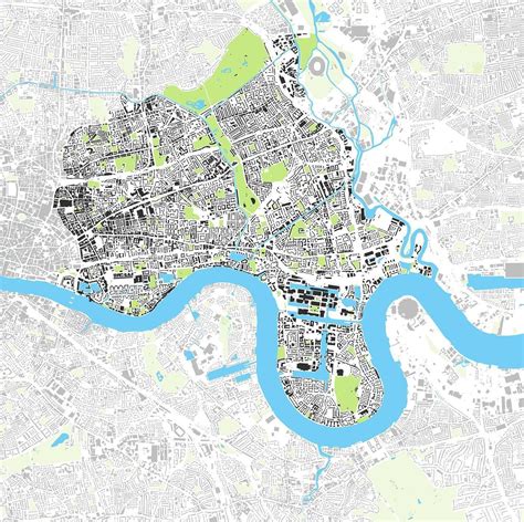 Map showing watercourses, buildings and parks in London Borough of ...