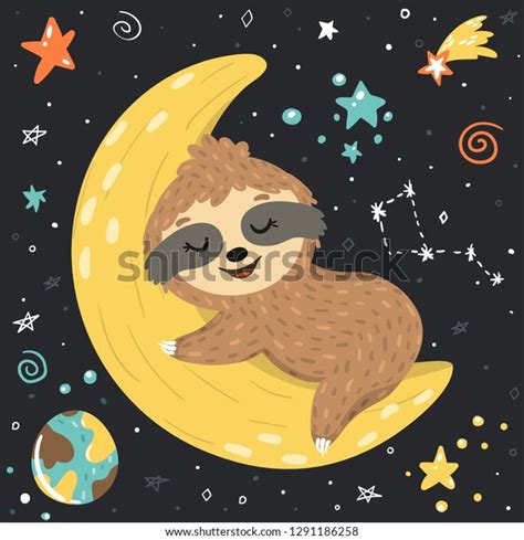 Smiling Cute Baby Sloth Sleeping On Stock Vector (Royalty Free ...