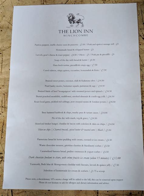 Menu at The Lion Inn restaurant, Winchcombe