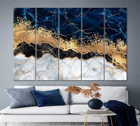 Abstract White Blue Marble Golden Veins Artistic Design Canvas Print ...