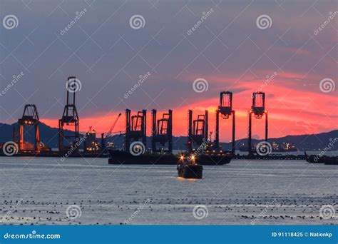 Sunset time at port ship stock image. Image of high, export - 91118425