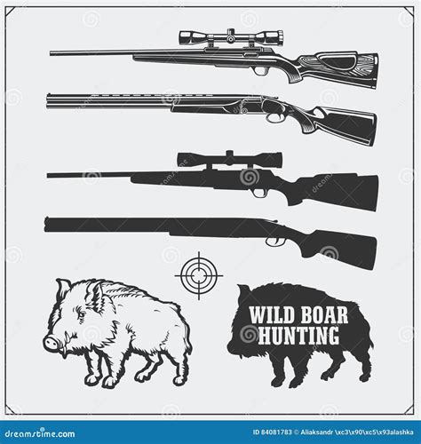 Hunting Set. Vector Monochrome Illustration Of A Wild Boar And Hunting ...