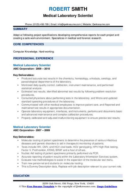 Medical Laboratory Scientist Resume Samples | QwikResume