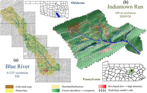 Maps of the two test watersheds in the United States displaying the 30 ...