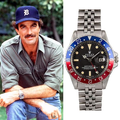 Tom Selleck wearing a Rolex GMT-Master "Pepsi" Ref. 1675 similar to the ...