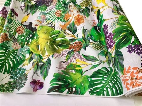 Tropical Toucan Bird & Flower Palm Leaf Garden Fabric Curtain ...