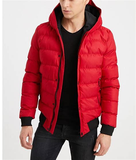 Puffer Men's Red and Black Bubble Jacket Hooded - Jackets Creator