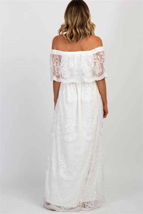 White Lace Mesh Overlay Off Shoulder Maxi Dress – PinkBlush