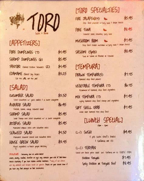 Menu of Toro Sushi Bento in Battle Ground, WA 98604