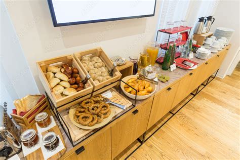 Various types of bread on buffet breakfast table Stock Photo | Adobe Stock