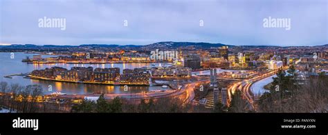 Oslo night aerial view city skyline panorama at business district and ...