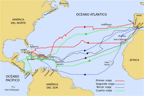 Mapa con el trazado de los cuatro viajes de Cristóbal Colón (1492-1502 ...