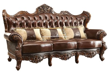 Jericho Wood Trim Leather Sofa Dark Oak Finish - USA Warehouse Furniture