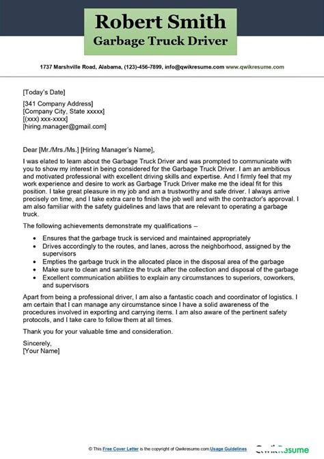 Garbage Truck Driver Cover Letter Examples - QwikResume