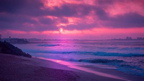 Download Beach Ocean Purple Nature Sunset 4k Ultra HD Wallpaper