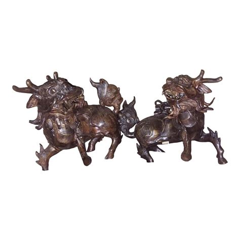 Bronze Protection Qilin Dragon/Foo Dog /Kilin Statues - a Pair | Chairish