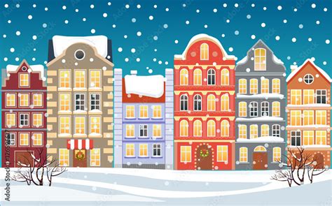 Christmas town illustration. Xmas snowy old town. Cartoon buildings ...