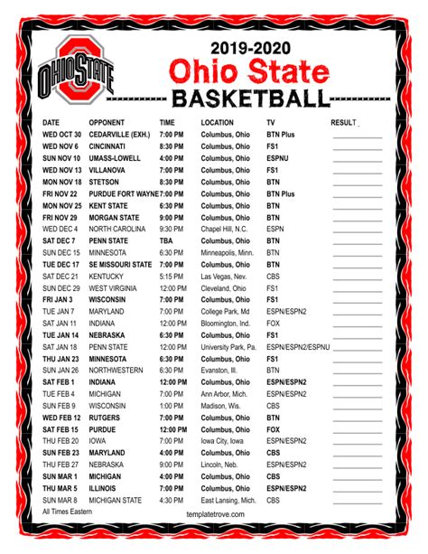 Printable 2019-2020 Ohio State Buckeyes Basketball Schedule