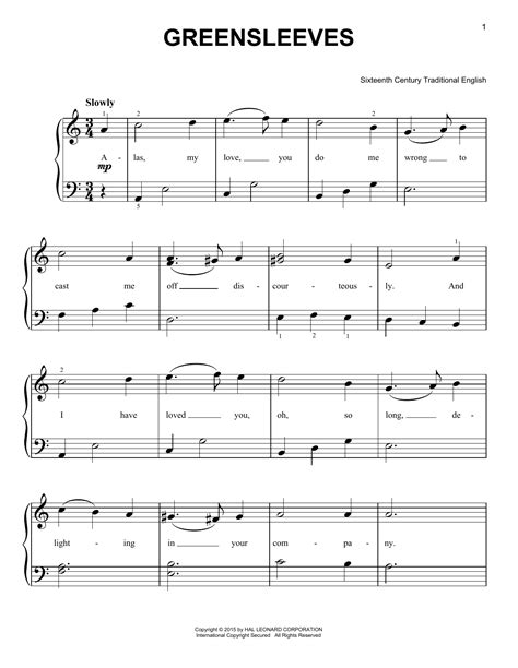 Greensleeves by Traditional English Sheet Music for Very Easy Piano at ...