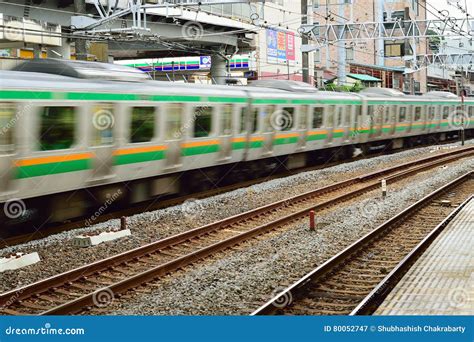 Japan Trains And Railway With Electricity Poles In Tokyo. Royalty-Free ...