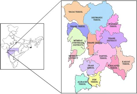 Map of India showing the location of Maharashtra and Mumbai (left) and ...