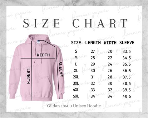 Gildan 18500 Hoodie Size Chart, Unisex Hooded Sweatshirt, Downloadable ...