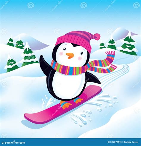 Snowboarding Penguin stock illustration. Illustration of hills - 39287759