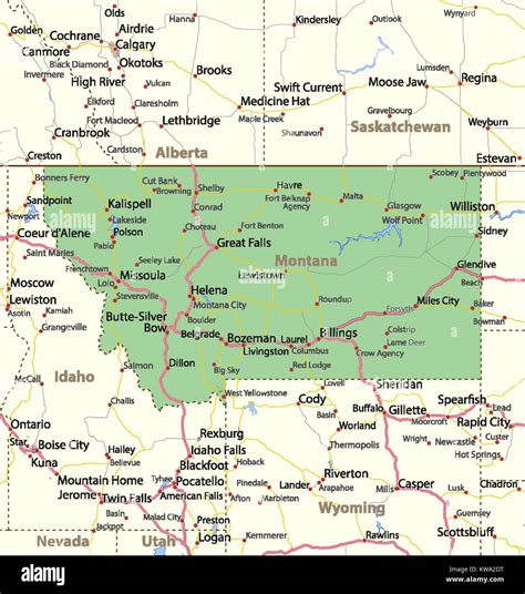 Map of Montana. Shows country borders, urban areas, place names, roads ...