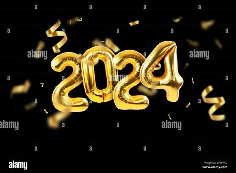 Happy new year 2024 golden balloons with gold confetti on a black ...