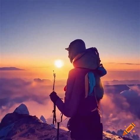 Hiker with the sunrise on the back on the top of cotopaxi mountain