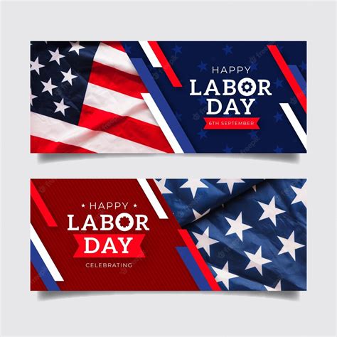 Free Vector | Hand drawn labor day horizontal banners set with photo