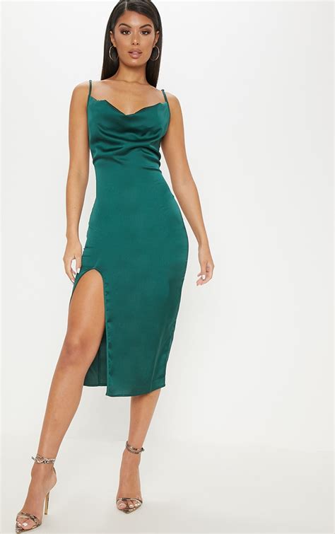 Emerald Green Strappy Satin Cowl Midi Dress | Dresses ...