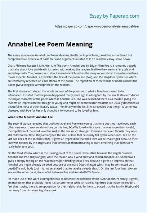 Annabel Lee Poem Meaning Free Essay Example