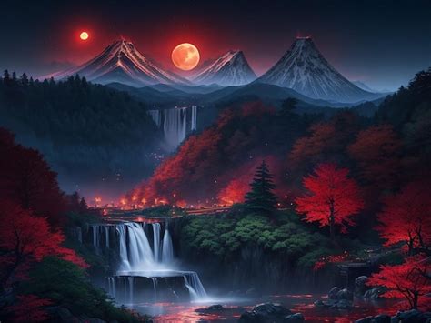 Hd Waterfall Wallpapers mountain magical tree background big moon ...