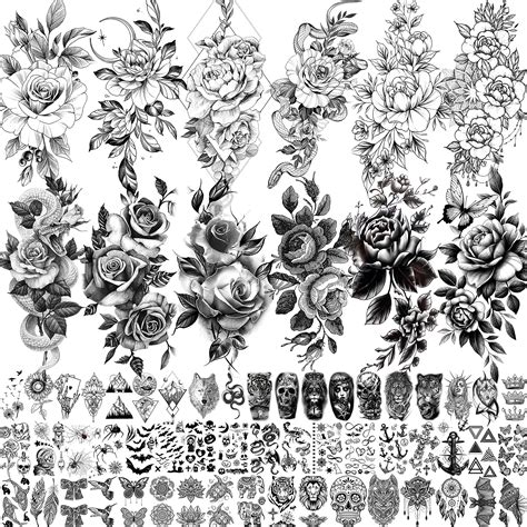 Buy VANTATY 65 Sheets Black Realistic Flower Temporary Tattoos For ...