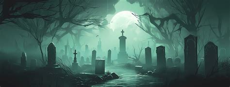 a halloween cemetery and graveyard with a full moon, in the style of ...