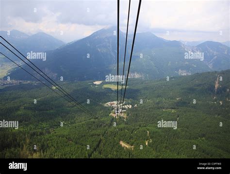 Germany, Zugspitze, Cable car wire with mountain ranges Stock Photo - Alamy