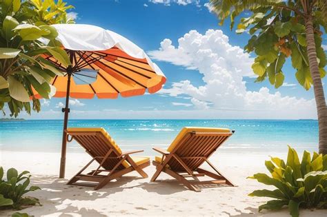 Premium AI Image | Beautiful beach chairs with umbrella on tropical ...