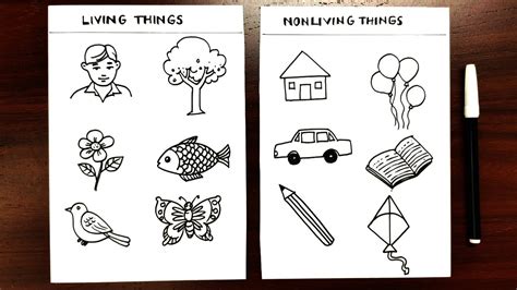 Living And Non-Living Things Drawing For Kids || How To Draw Living And ...