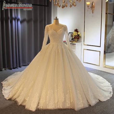 2019 gelinlik wedding dress long sleeves with full crystal bridal dress ...