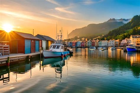 Premium Photo | A boat in the harbor at sunset